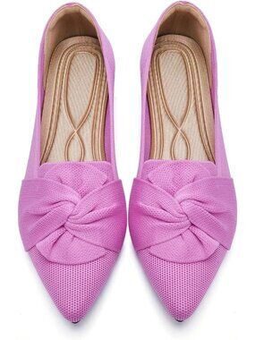 Women's Pink Pointed Toe Bow Comfortable Knit Dressy Pull On Ballet Flat Shoes